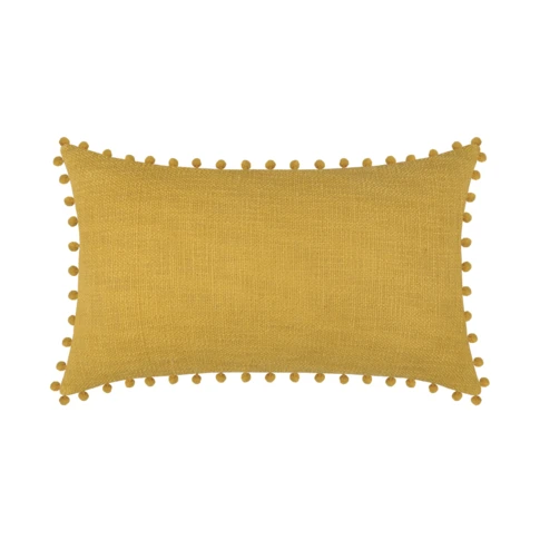 Coussin rectangulaire en coton déhoussable à pompons 30 x 50 cm Jaune moutarde