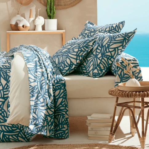 Taie de traversin en coton motif végétal géométrique 86 x 140 cm Bleu