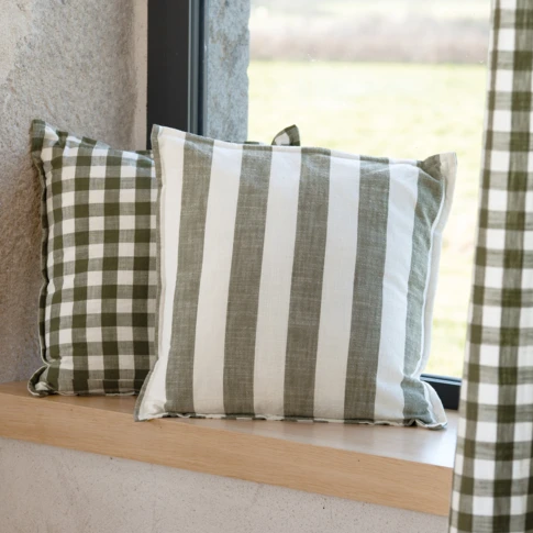 Housse de coussin rayures et vichy en coton flammé 45 x 45 cm Kaki
