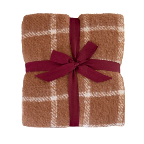 Plaid à carreaux aspect mohair avec franges 130 x 160 cm Marron Clair