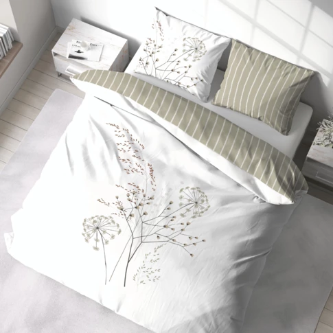 Dreiteiliges Bettwäsche-Set mit Blumenmuster auf der Vorderseite und Streifen auf der Rückseite