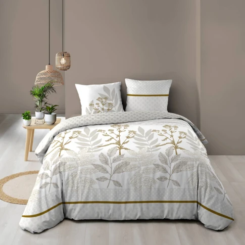 Parure de lit coton motif feuillage double face imprimée 240 x 220 CM NATUREL