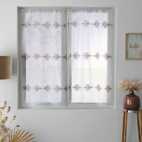 Paire de petits vitrages brodés feuillage 60 x 120 cm Beige