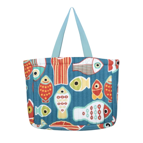 Sac cabas polycoton matelassé motif poissons 44 x 35 x 10 cm BLEU