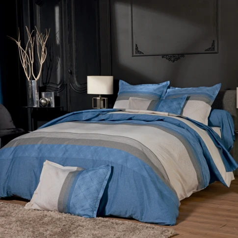 Housse de couette haut de gamme en satin de coton motif géométrique 140 x 200 cm Bleu