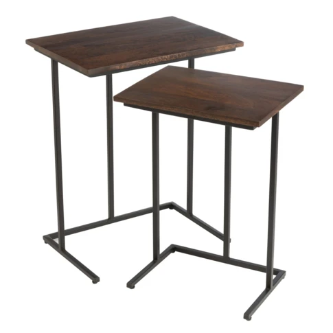 Set de 2 tables d’appoint rectangulaires en bois de manguier et métal 36 x 50 cm Marron Foncé