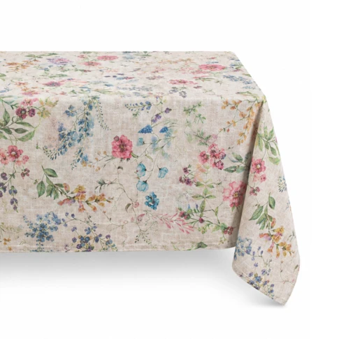 Nappe rectangulaire en coton enduit anti-tache fleurs 150 x 200 cm Naturel