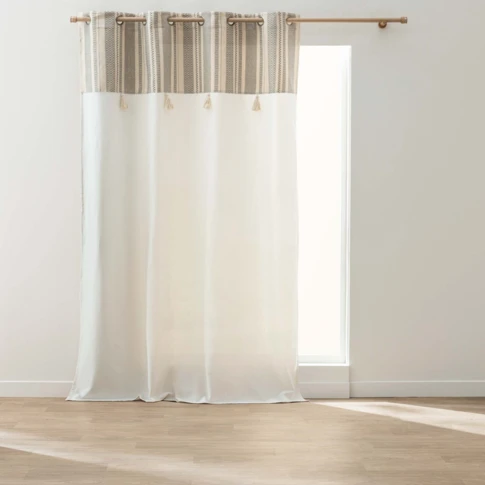 Rideau à œillets polycoton avec top à rayures métallisé et pompons 140 x 240 cm NATUREL