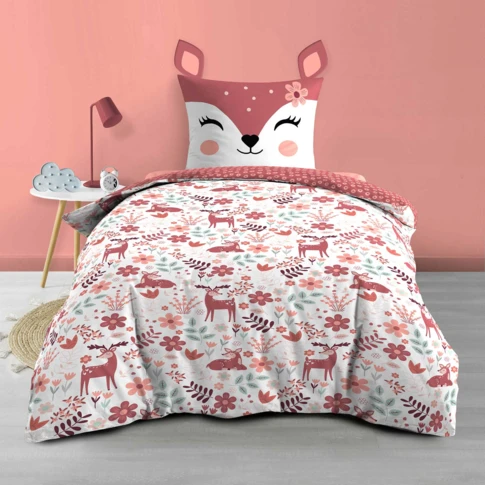 Parure de lit enfant réversible en coton motif faon et fleurs 140 x 200 CM ROSE