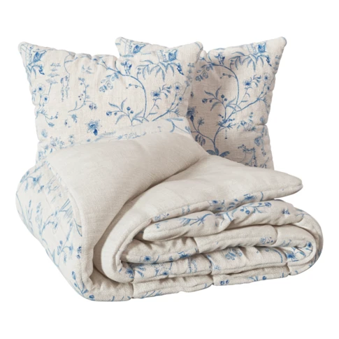 Parure de lit imprimée 3 pièces inspiration japonaise housse + taies 240 x 220 cm Bleu