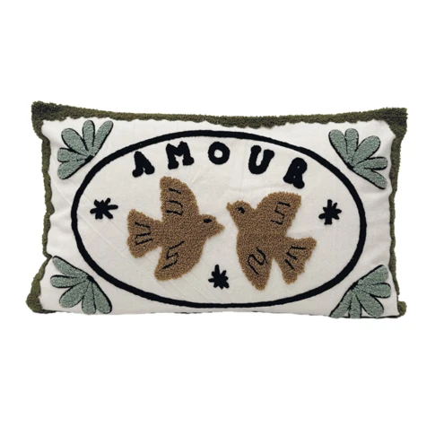 Coussin brodé avec motif oiseaux et "amour" 30 x 50 cm Marron Foncé