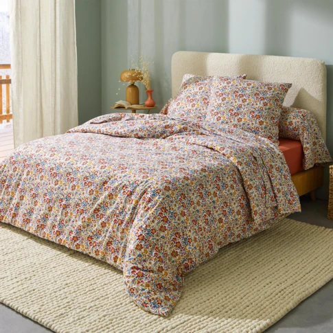 Parure de draps 4 pièces en flanelle de coton à motif floral avec drap-housse et taies d’oreiller 140 x 190 cm Rouge