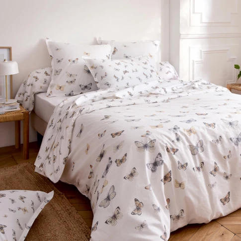 Housse de couette percale de coton 80 fils motif papillons 140 x 200 cm Blanc