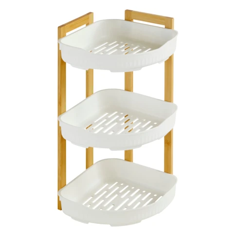 Étagère de douche d’angle 3 niveaux bambou et plastique