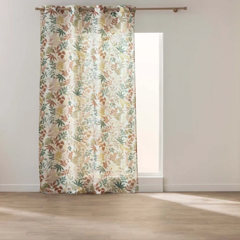 Rideau à œillets polylin imprimé feuilles tamisant 140 x 260 cm ORANGE