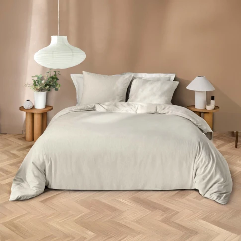 Parure de lit en microfibre flanelle motif fines rayures 240 x 220 CM NATUREL