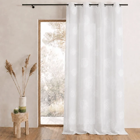 Voilage en Etamine Brodé ronds fils lurex brillants blanc/argent