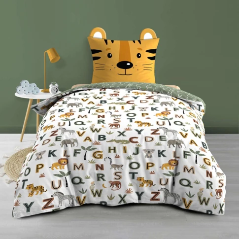 Parure de lit enfant réversible en coton motif alphabet et animaux 140 x 200 CM JAUNE