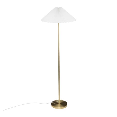 Stehlampe in Gold mit Lampenschirm aus Baumwolle