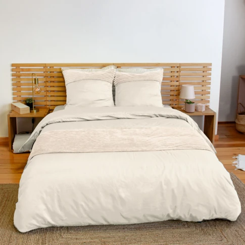 Parure de lit 3 pièces velours bande côtelé housse + taies 240 x 220 cm Crème