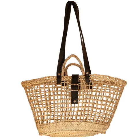 Sac panier en fibre de palmier et anses cuir noir 55 x 25 cm Naturel