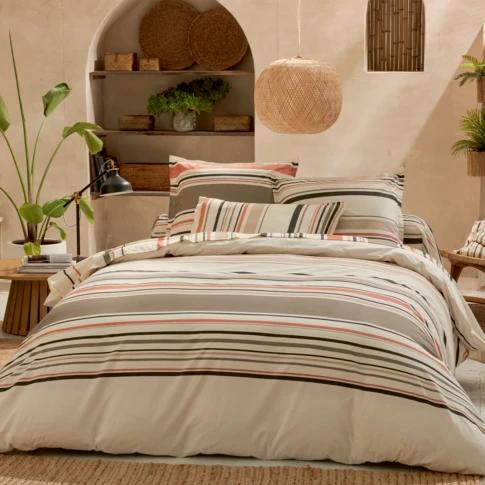 Drap plat en coton à rayures bayadère au style bord de mer 180 x 290 cm Orange corail