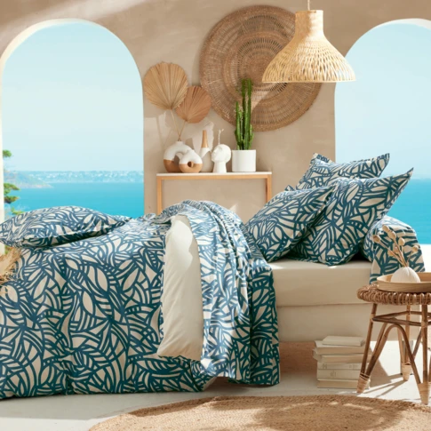Parure de lit en coton motif végétal géométrique avec une taie d’oreiller 140 x 200 cm Bleu