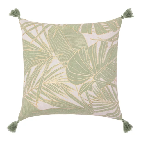 Coussin polycoton feuillages tropicaux métallisé à pompons 45 x 45 cm VERT
