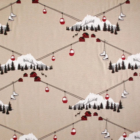 Tissu jacquard polycoton motif montagne et téléphérique