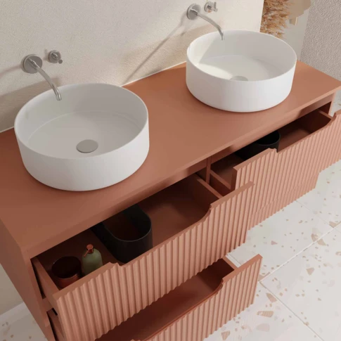 Meuble de salle de bain double vasque ronde avec façade ondulée et rangements intégrés 120 x 46 x 63 cm Terracotta
