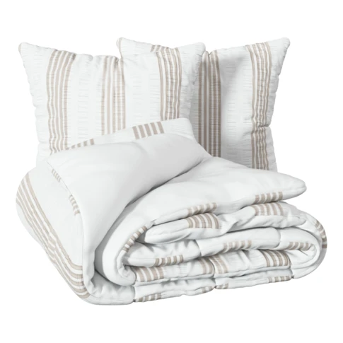 Parure de lit réversible texturée 3 pièces à rayures housse + taies 240 x 220 cm Lin