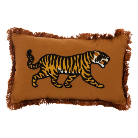 Coussin à franges brodé motif tigre