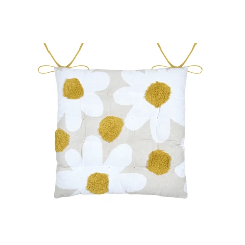 Galette de chaise en polycoton capitonnée à motif marguerites 38 x 38 cm Jaune moutarde