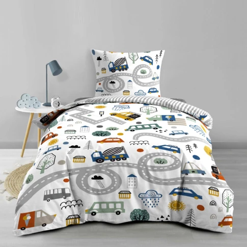 Parure de lit enfant réversible en coton motif véhicules et routes 140 x 200 CM GRIS