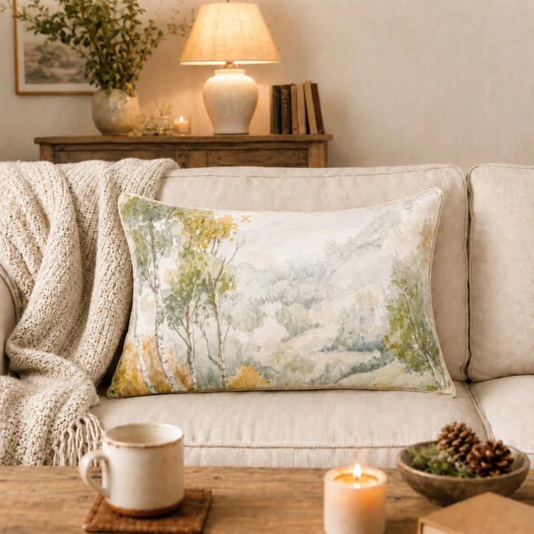Coussin motif aquarelle forêt