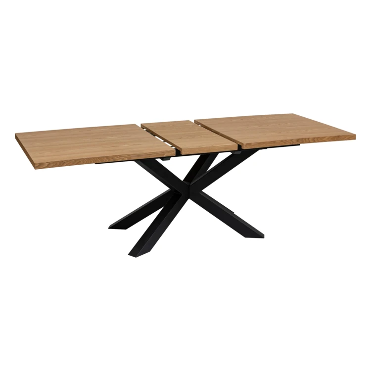 Mesa de comedor extensible con aspecto de madera y base en cruz