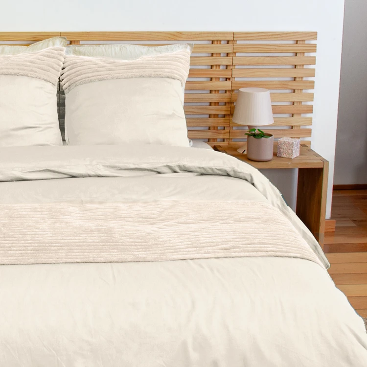 Parure de lit 3 pièces velours bande côtelé housse + taies