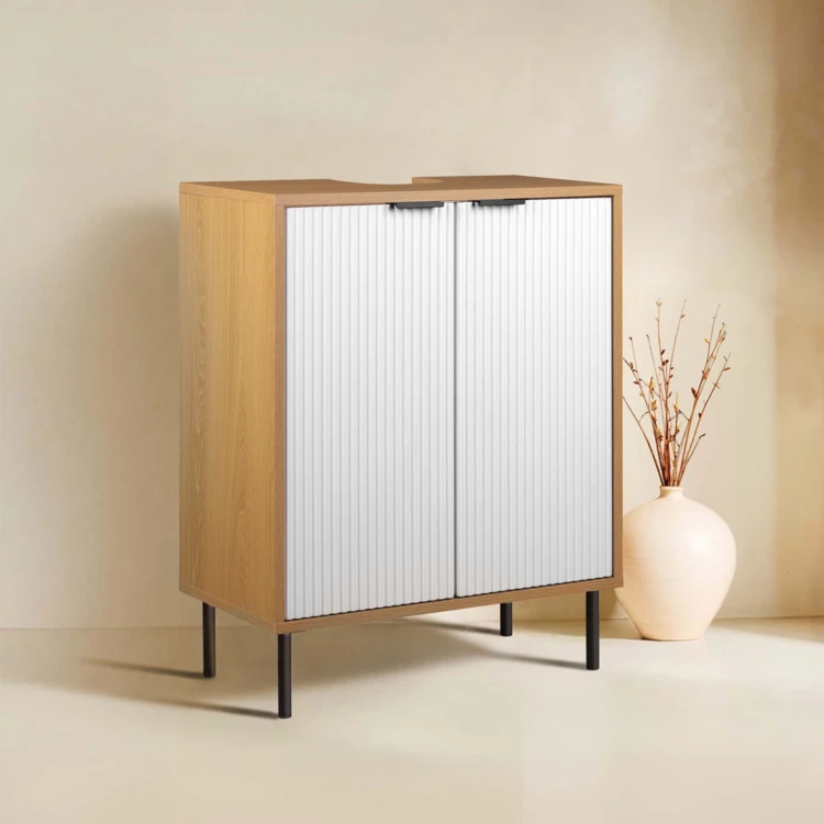 Meuble sous vasque de salle de bain avec rangement et portes rainurées