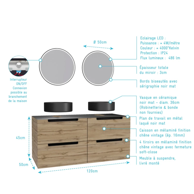 Meuble de salle de bains avec 2 vasques rondes et 2 miroirs ronds à led noir