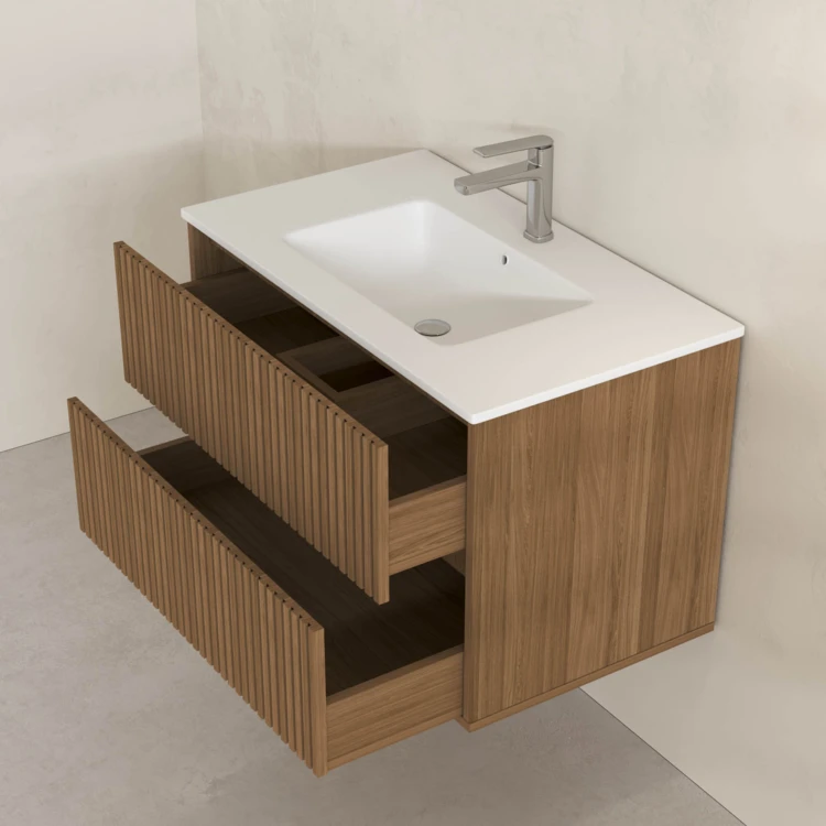 Meuble de salle de bain suspendu avec façade crantée, vasque(s) et miroir(s) LED