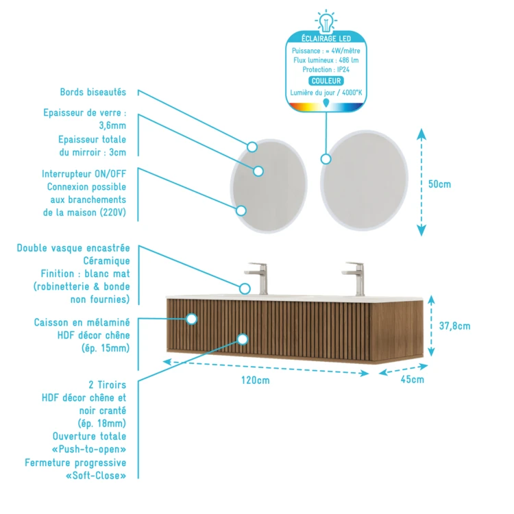 Meuble de salle de bain suspendu avec façade crantée, vasque(s) et miroir(s) LED