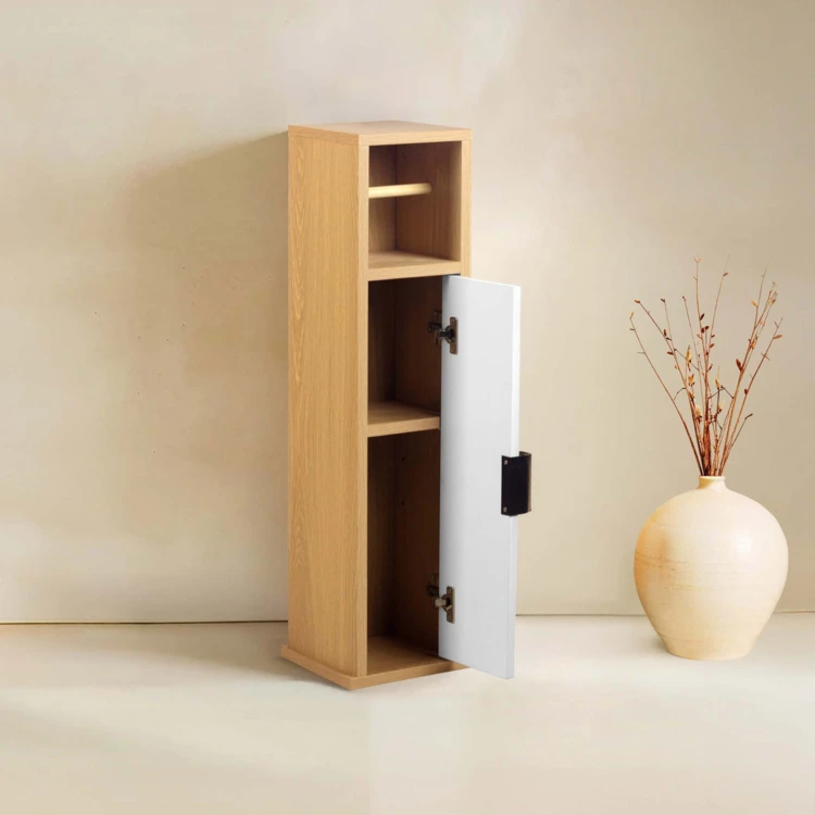 Meuble dérouleur papier WC avec rangement et porte rainurée