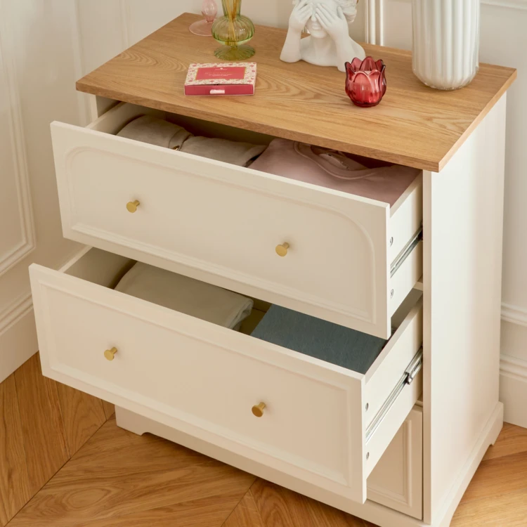 Cómoda de madera con tres cajones y encimera de fresno