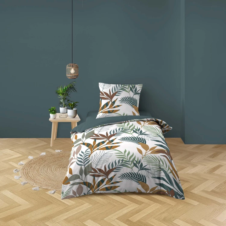 Parure de lit 2 pièces 100% coton à motifs végétaux housse + taie