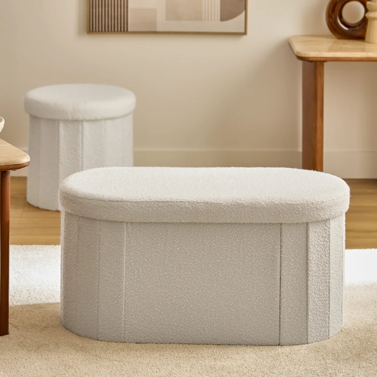 Pouf coffre pliant double en bouclette avec rangement
