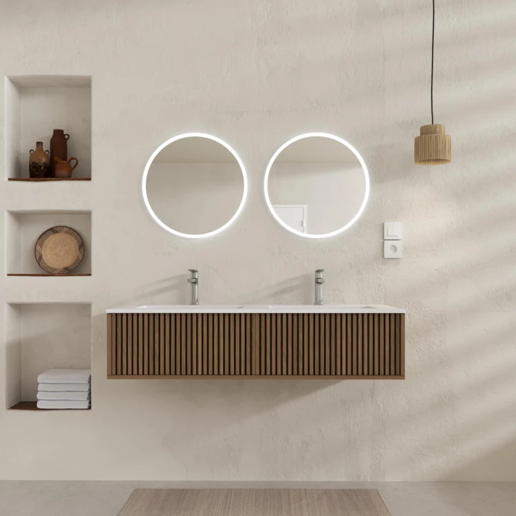 Meuble de salle de bain suspendu avec façade crantée, vasque(s) et miroir(s) LED