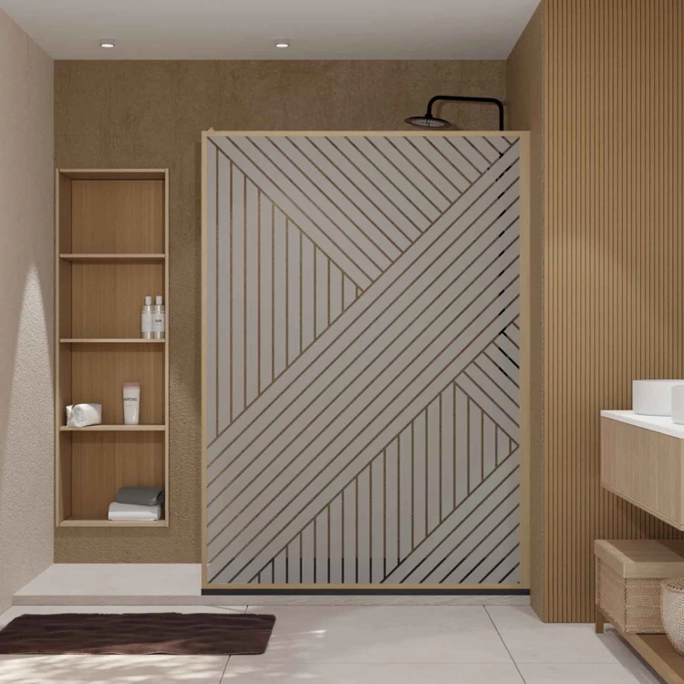 Paroi de douche en verre sérigraphié style Japandi motif géométrique