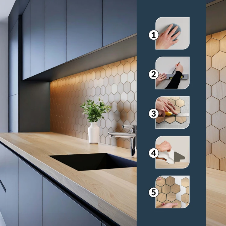 Crédence adhésive murale 3D effet carrelage hexagonal 4 pièces