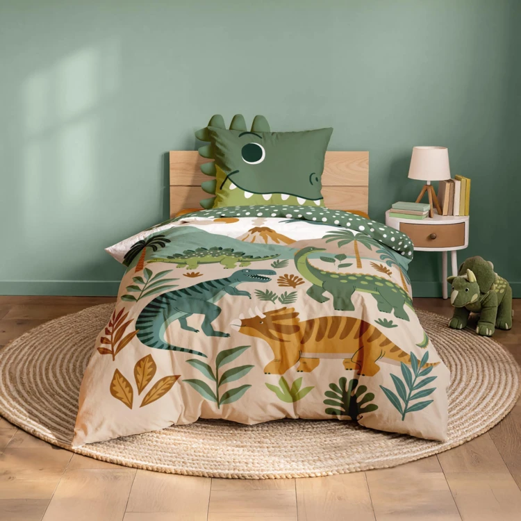 2-teiliges Kinderbettwäscheset aus 100 % Baumwolle mit Dinosaurier-Motiv: Bettbezug + Kissenbezug