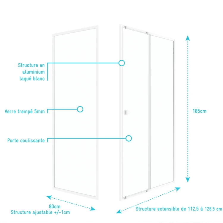 Porte de douche coulissante en verre trempé avec paroi de retour